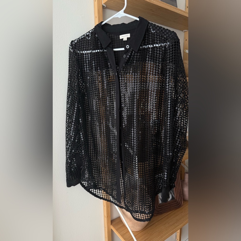 Anthropologie Black Sequin Button Down Shirt